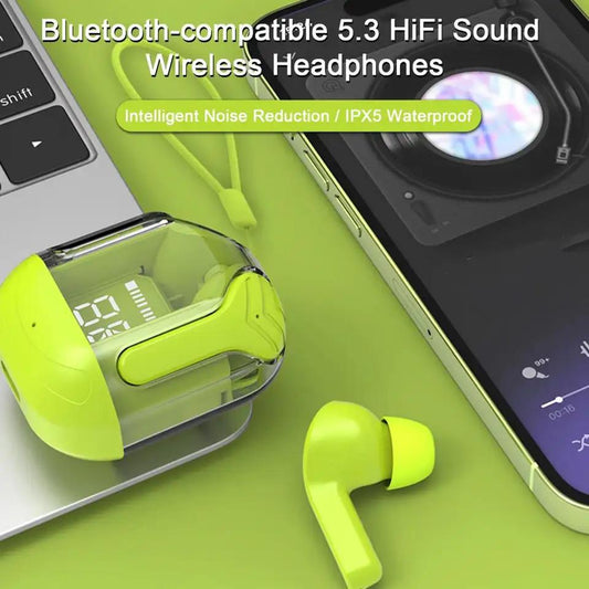 Crystal Wireless Earbuds with LED Display – Deep Bass & Noise Cancellation
